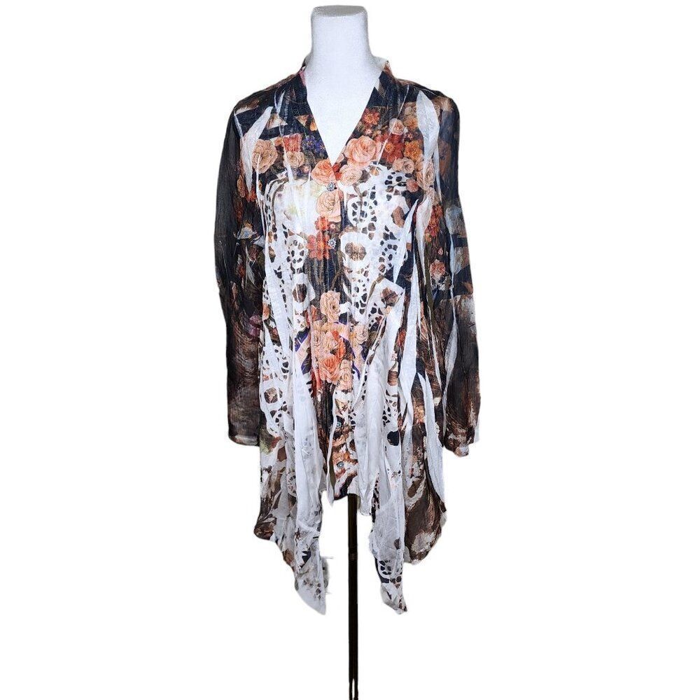 Anis A Sheer Long Sleeve Flowy Top Floral Womens Size S Black Multi